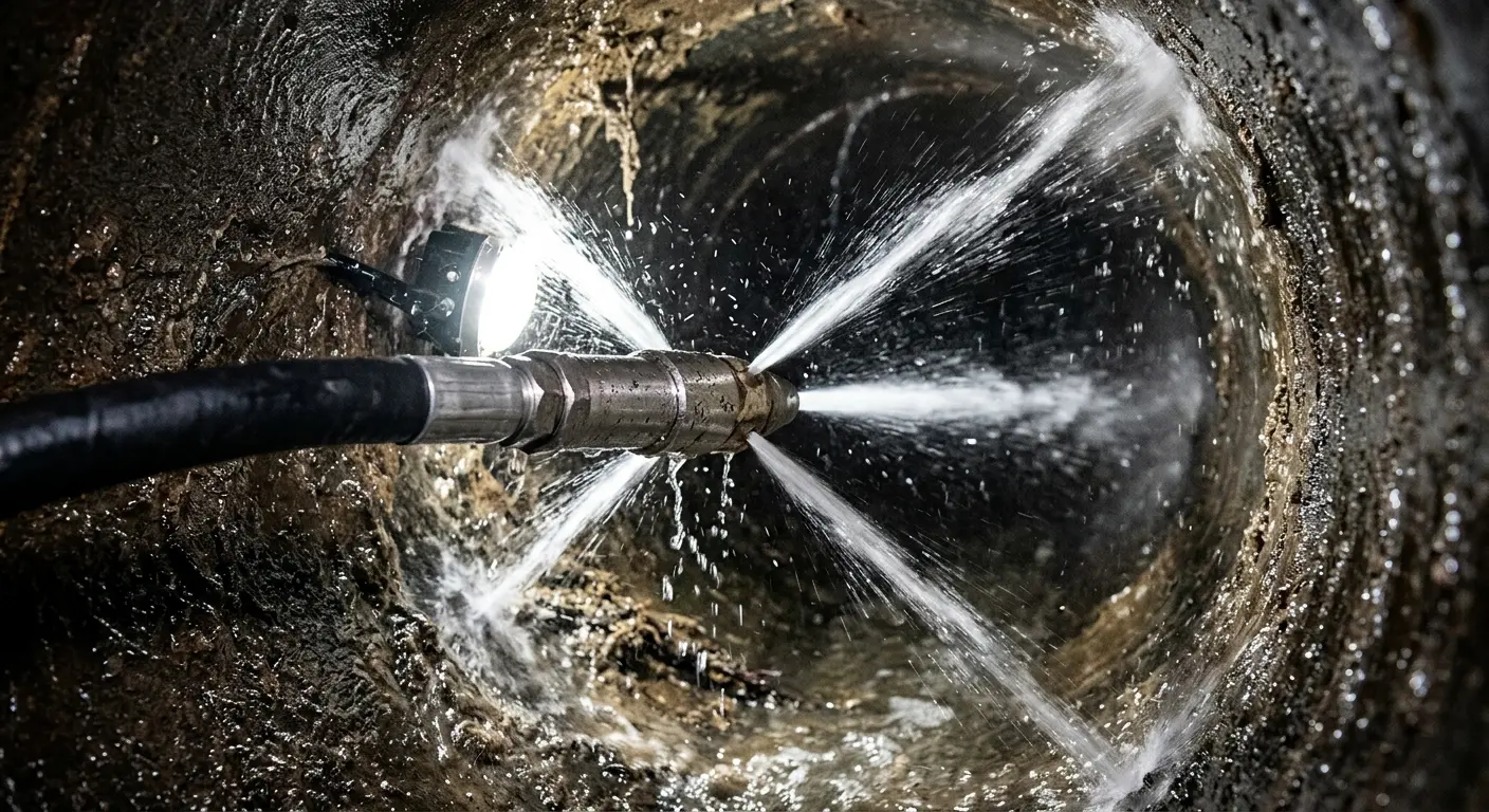 High-pressure hydro jetting nozzle cleaning sewer pipe for Sewer Cleanout in Seabrook