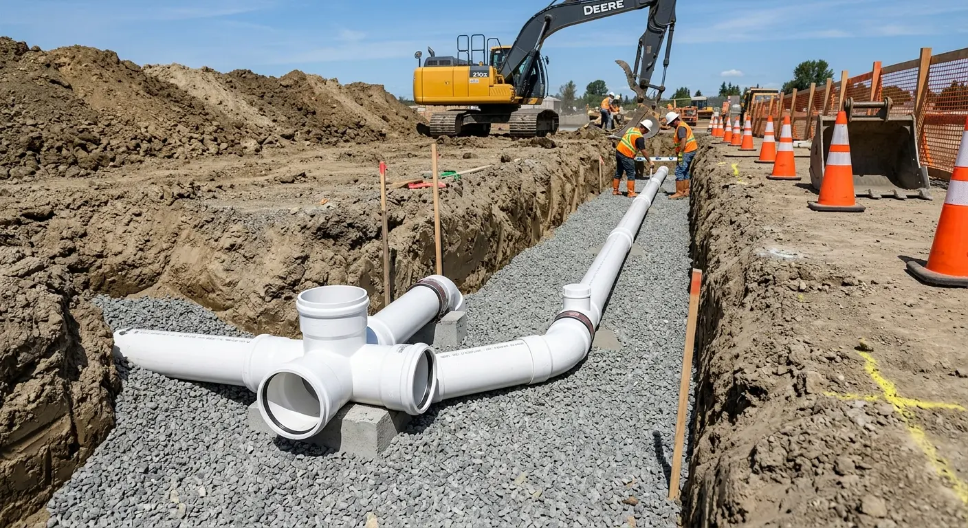 New PVC sewer pipe installation in open trench for Commercial Drain Cleaning in Seabrook