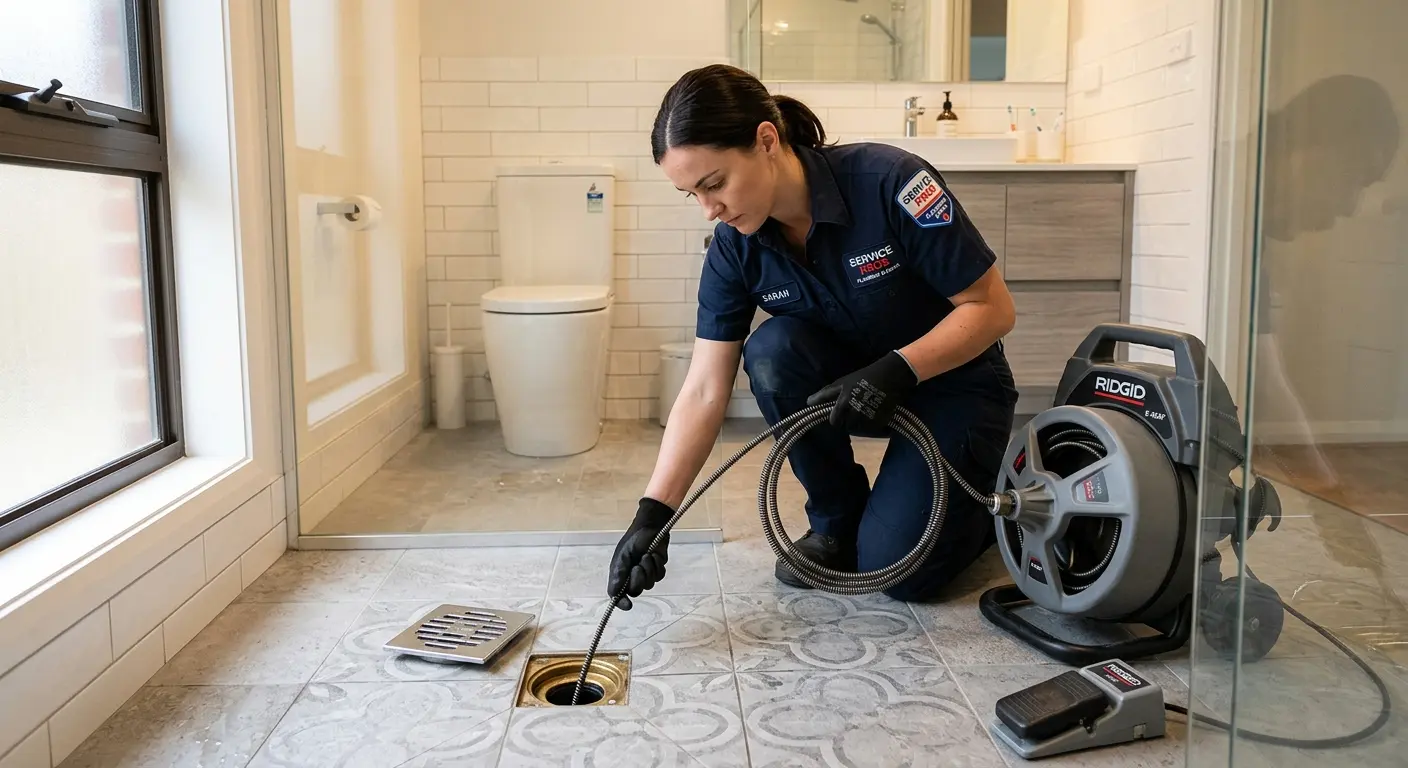 Technician clearing a bathroom floor drain for Drain Cleaning in Seabrook